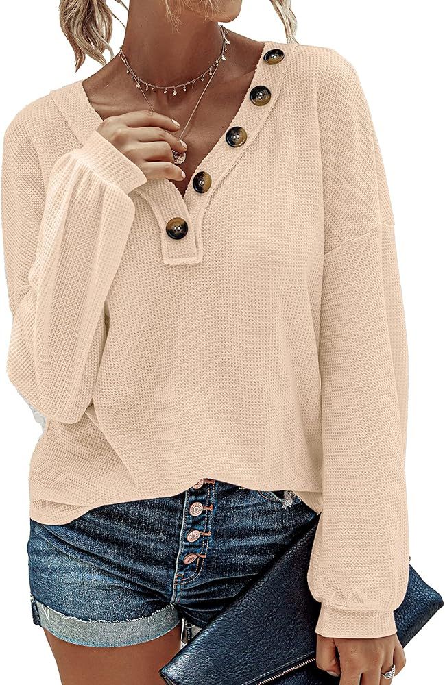 BTFBM Women Waffle Knit Shirts V-Neck Long Sleeve Casual Slouchy Loose Blouses Plain Faux Button Lig | Amazon (US)
