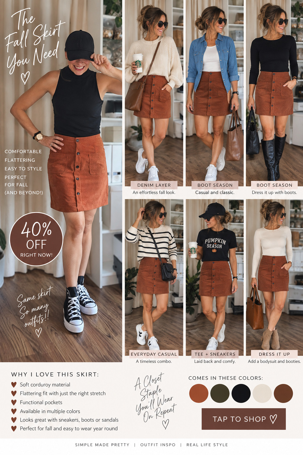 40% OFF! 🍂 This might be the BEST fall skirt I own. I love the rust corduroy, but what really sold me is the fit — it sits right at my waist, actually gives me shape, and it’s comfortable enough that I’ll wear it for everyday life.

And because fall in Florida is still HOT 😂, I can wear it now with a fitted tank + sneakers and later add a denim shirt, long-sleeve top or boots when it finally cools down.

It has pockets, the cutest button-front detail, and comes in several colors. Currently 40% off, so I linked it here while it’s on sale! 🤎🍁 

 #LTKSeasonal #LTKActive #LTKOver40