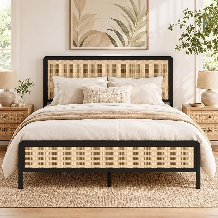 Rattan Full Size Bed Frame with Headboard, Boho Full Metal Platform Bed Frame with Steel Slats, U... | Amazon (US)
