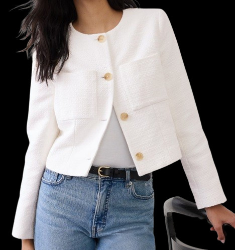 This jacket is SO good and perfect for spring and beyond. Wear it with your favorite trousers, jeans, as seen here, skirts, and so on. Under $52 right now!  It also comes in navy, which is $64! 

 