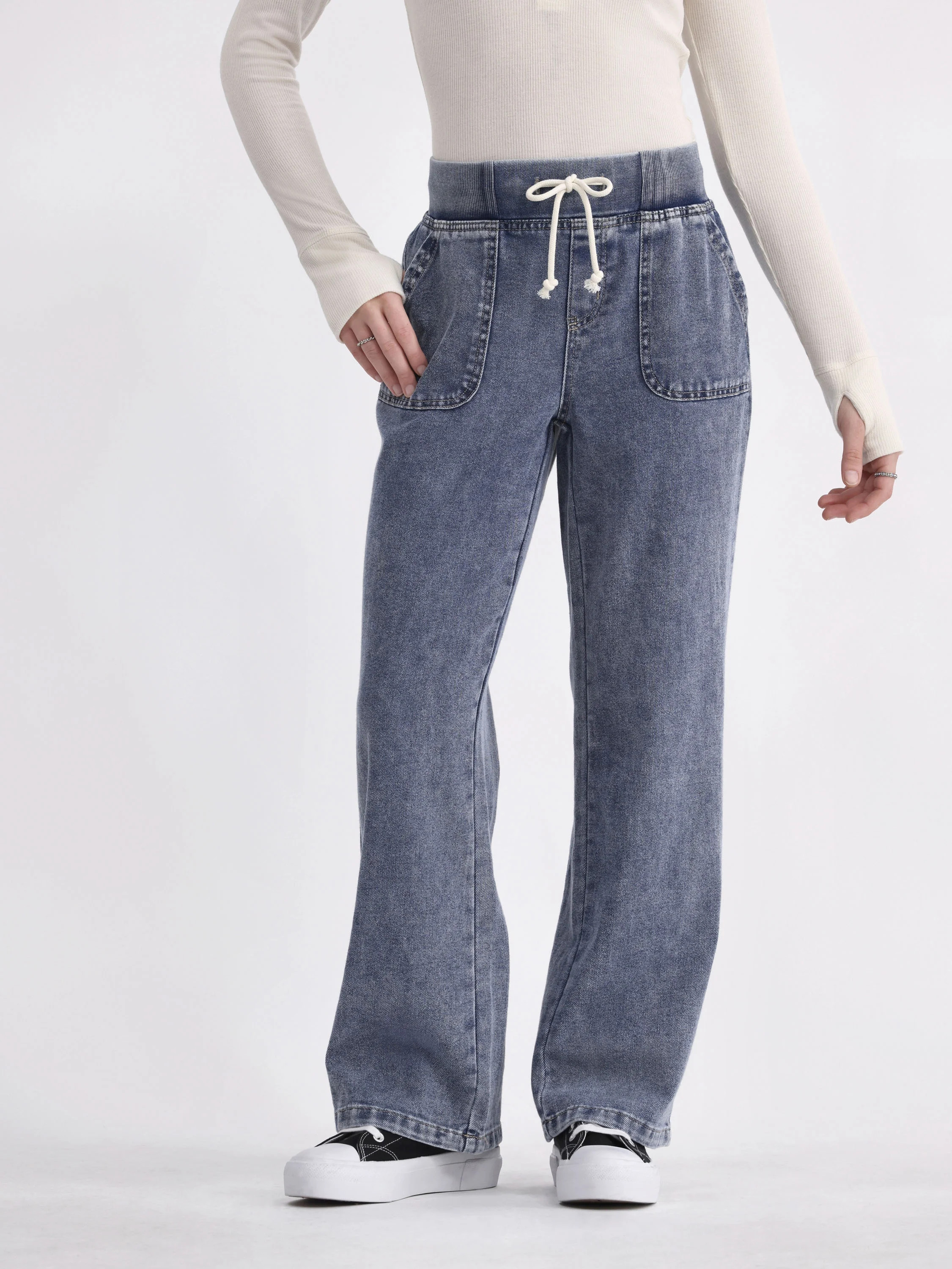 No Boundaries Rib-Waist Wide-Leg Drawstring Pants, 30.5” Inseam, Women's and Women's Plus | Walmart (US)