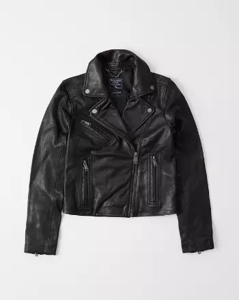 Abercrombie & Fitch Womens Leather Moto Jacket in Black - Size XL | Abercrombie & Fitch US & UK
