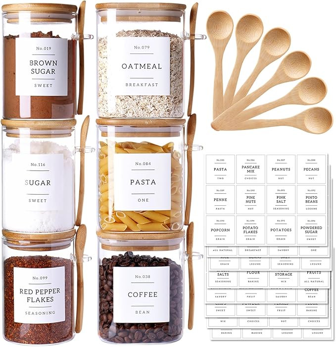 6 Pack Glass Jars with Bamboo Lid and Spoons - 17Oz/27Oz Borosilicate Glass Jars with 132 Pantry ... | Amazon (US)