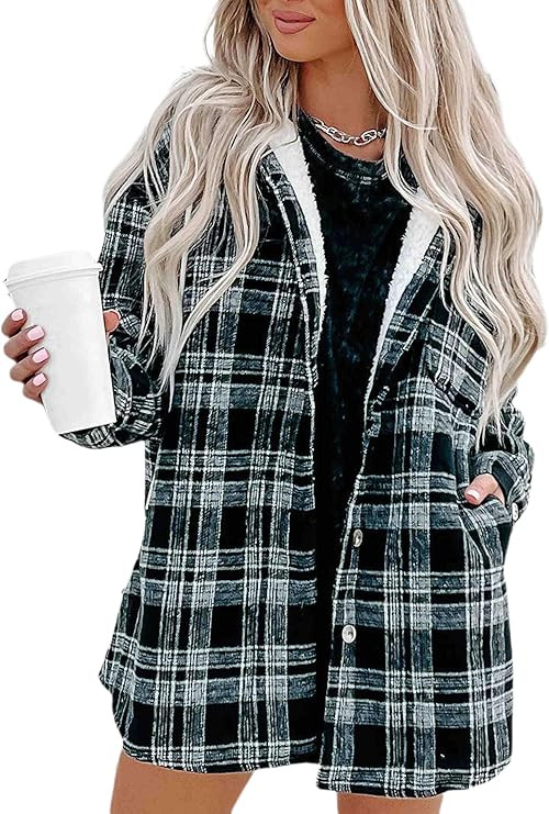 Merryfun Womens Plaid Shacket Jacket Sherpa Lined Flannel Jackets Oversized Button Up Fleece Hood... | Amazon (US)
