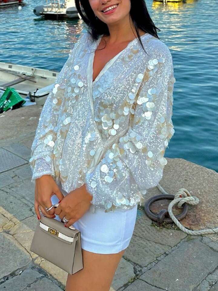 INAWLY Fashionable Sequin Lace-Up Wrap Long Sleeve Blouse | SHEIN