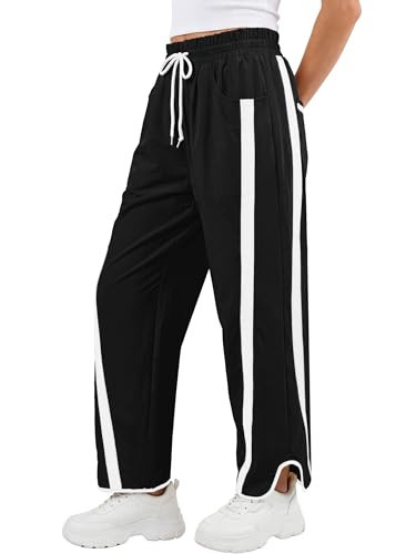 ANRABESS Women Track Pants Casual Drawstring Waist Lightweight Baggy Contrast Color Workout Barrel Leg Pants with Pockets Black Medium | Amazon (US)