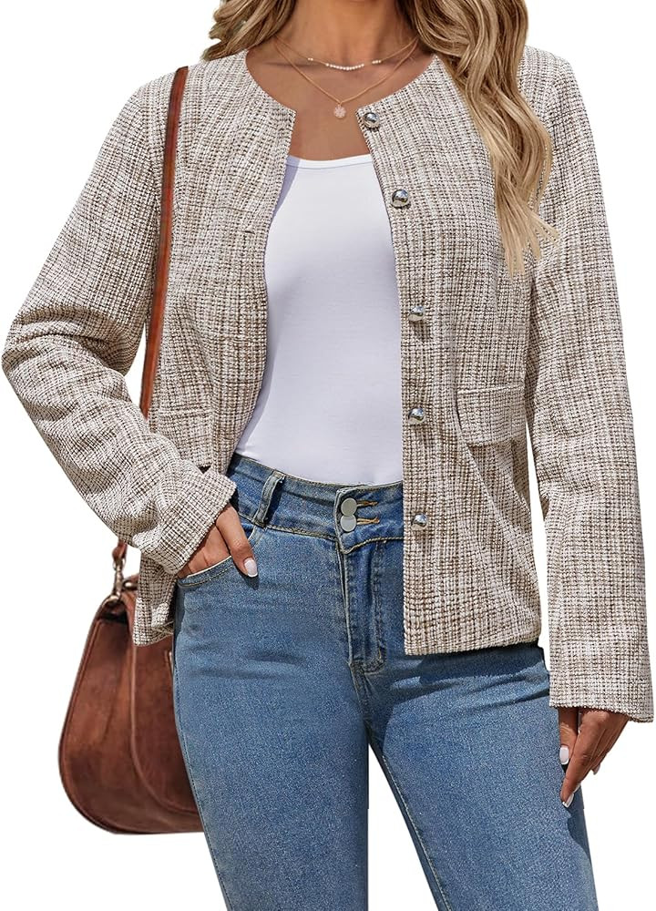 MEROKEETY Women's 2024 Fall Long Sleeve Tweed Blazer Jackets Button Business Casual Work Knit Car... | Amazon (US)