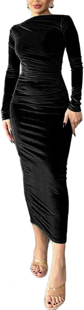 Women's Velvet Bodycon Midi Dress Long Sleeve Ruched Slim Fit Cocktail Party Dresses | Amazon (US)