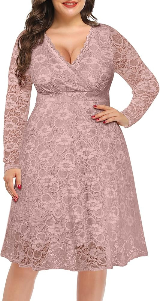 Women Plus Size Wedding Guest Dresses Cocktail Black Wrap Lace Fall Formal Long Sleeve Knee Lengt... | Amazon (US)