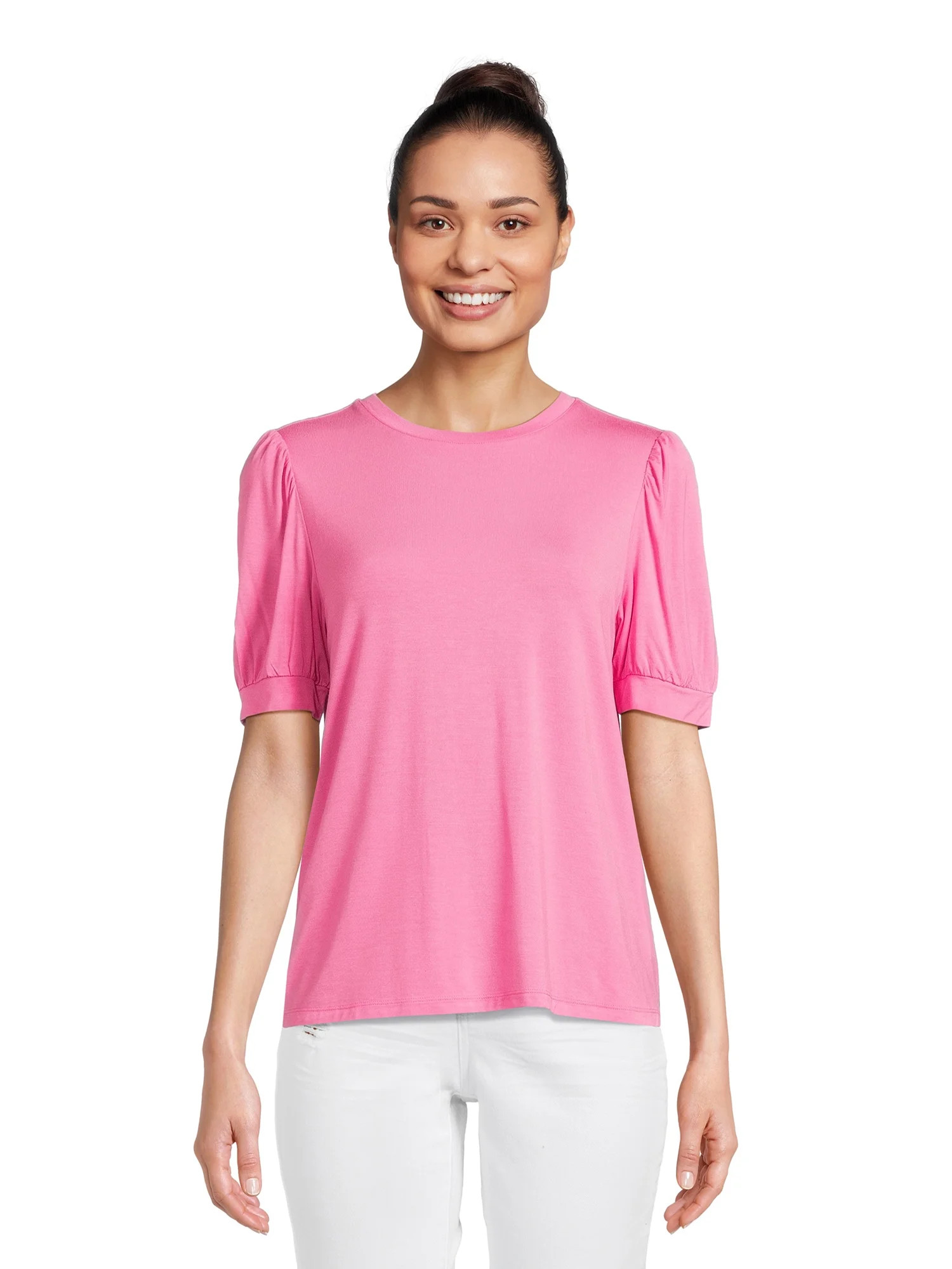 Time and Tru Women's Classic Fit Jersey Top with Puff Sleeves, Sizes XS-3XL | Walmart (US)