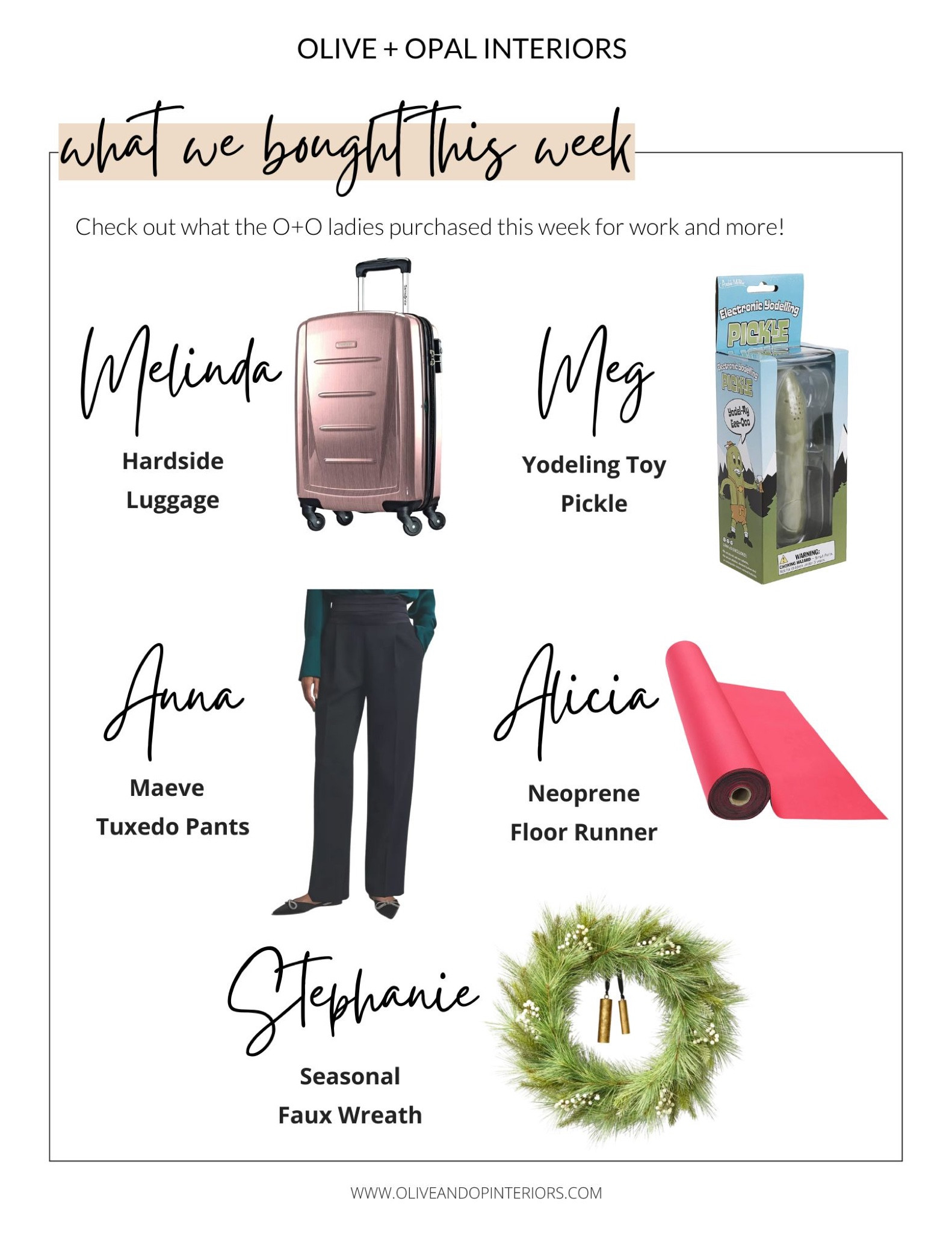 Here is what our team purchased this week!
.
.
.
Amazon 
Target 
Anthropologie
Hardside Swivel Luggage 
Yodeling Pickle
Tuxedo Pants
Neoprene Floor Runner
Seasonal Wreath

#LTKtravel #LTKHoliday #LTKworkwear
