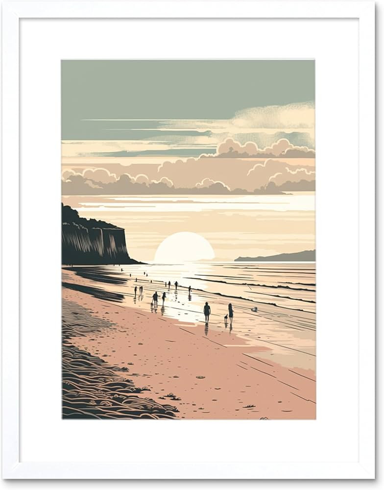 Dog Walks on the Beach Sunset Coastal Landscape Artwork Framed Wall Art Print 12X16 Inch | Amazon (US)