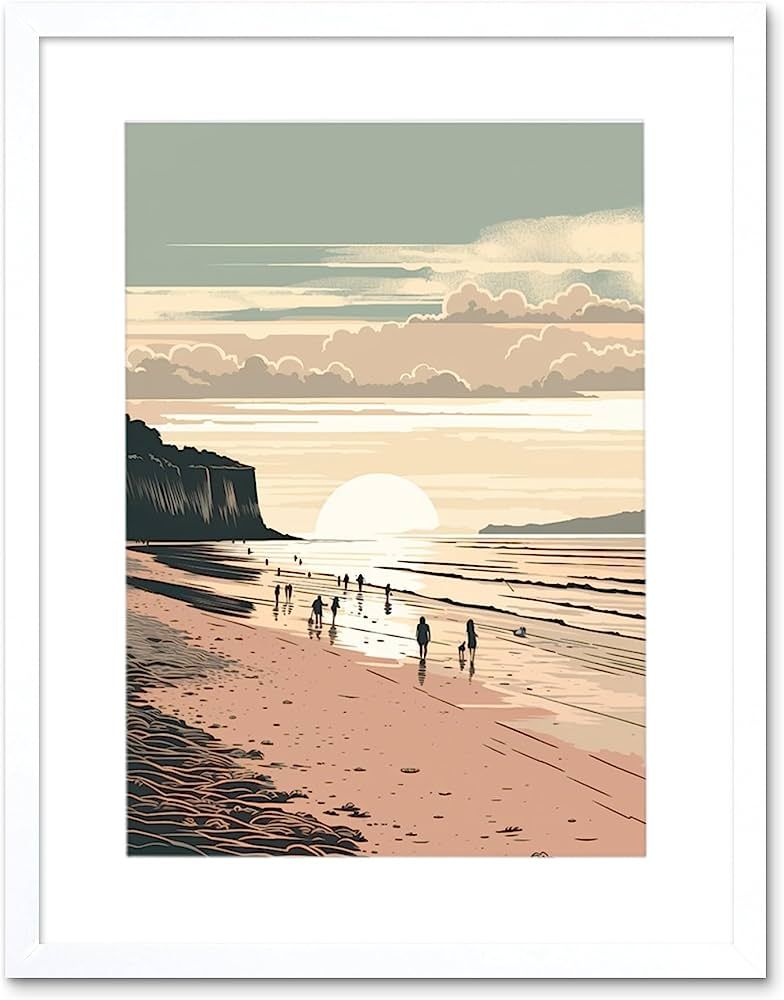 Dog Walks on the Beach Sunset Coastal Landscape Artwork Framed Wall Art Print 12X16 Inch | Amazon (US)