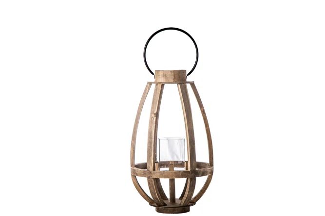 Gracie Oaks Wood Round Bellied Lantern With Metal Top Ring Handle, Candle Glass Holder And Window... | Wayfair North America