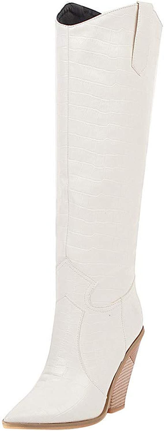 HENWERD Women's Chunky Heel Knee High Boots Comfortable Pointed Toe Western Cowboy Boots | Amazon (US)