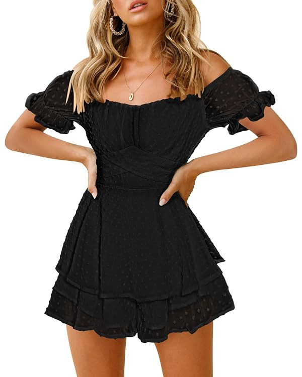 Fixmatti Women Boho Romper Off Shoulder Ruffle Chiffon Shorts Jumpsuit Playsuits | Amazon (US)