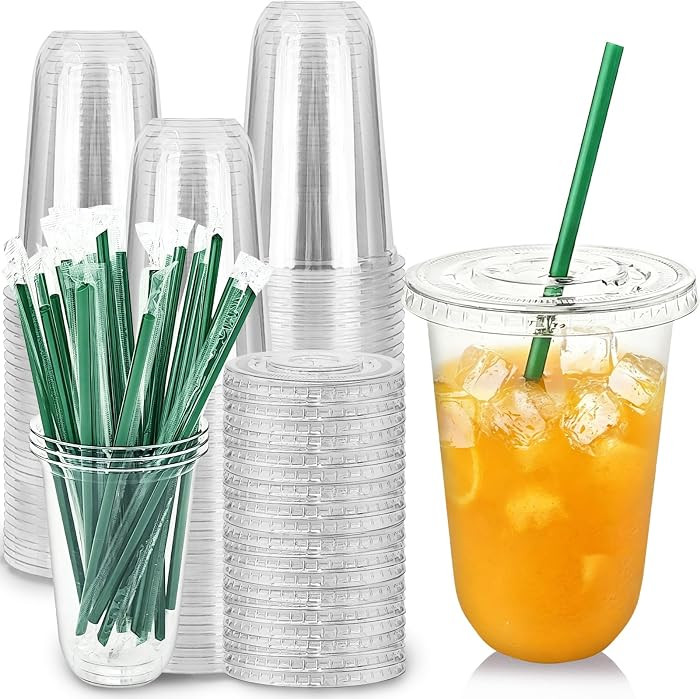 Qinsihwn 50 Set 16oz Plastic Cups with Flat Lids and Straws,Round Bottom Clear Drinking Cups,Disp... | Amazon (US)
