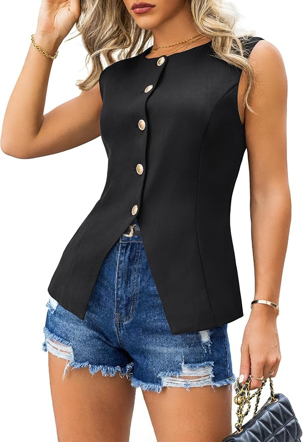 Amazon.com: ASUOAgio Women’s Sleeveless Business Causal Blazer Vests Dressy Button Down Work To... | Amazon (US)