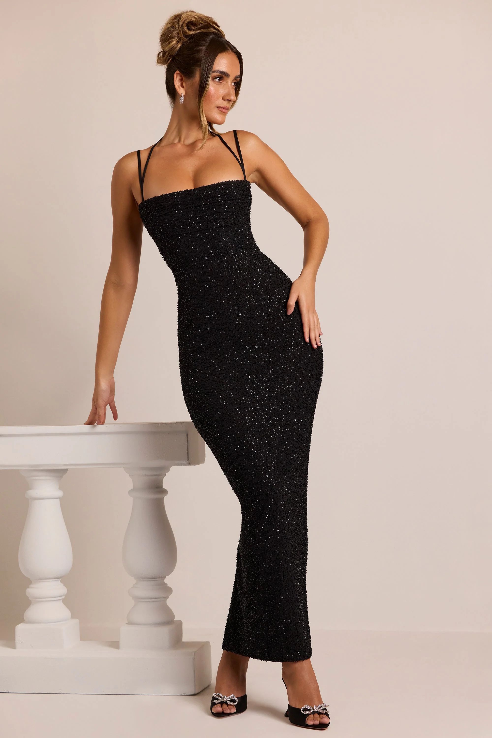 Embellished Strapless Cowl Neck Maxi Dress in Black | Oh Polly