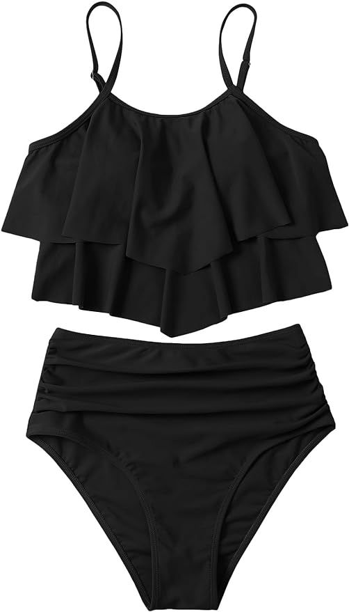 WDIRARA Women's 2 Piece Bikini Set Ruffle Hem Top and Stretch High Waist Bottom Tankini Swimsuit | Amazon (US)