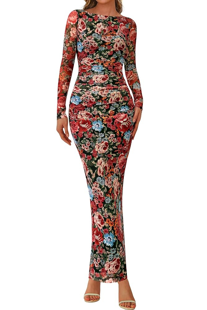 PRETTYGARDEN Women's Long Sleeve Bodycon Dresses 2025 Fall Sexy Floral Mesh Slit Ruched Tight Max... | Amazon (US)