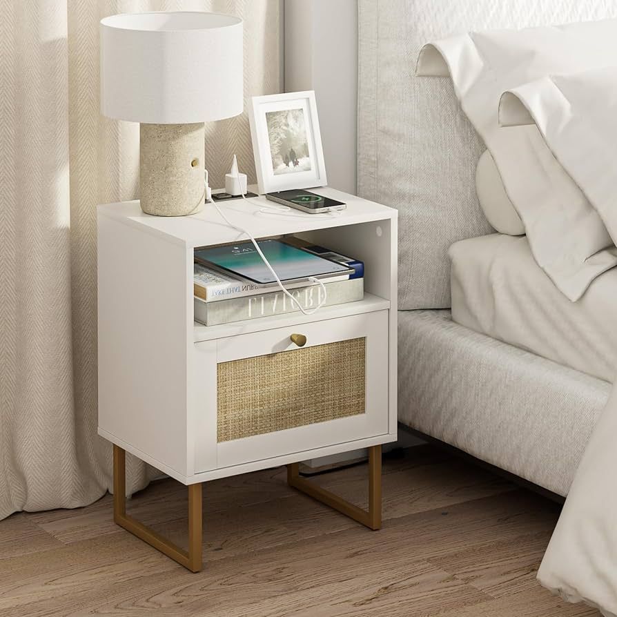 Masupu Rattan Nightstand with Charging Station,Modern Boho Farmhouse Wood Bedside Table with Stor... | Amazon (US)