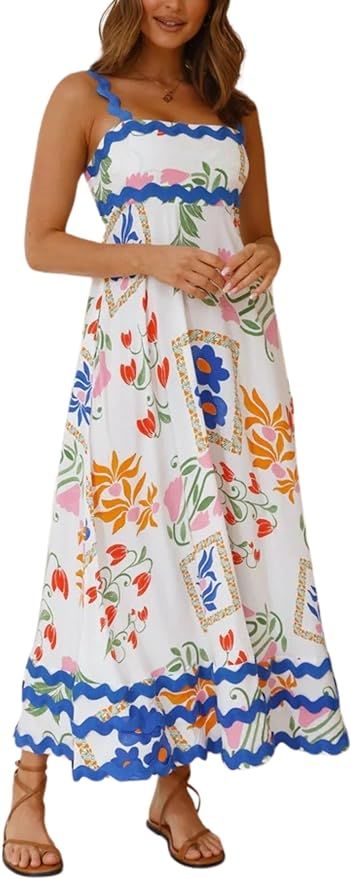 Womens Summer Ditsy Floral Spaghetti Strap Long Dress Sleeveless Rickrack Maxi Dress | Amazon (US)