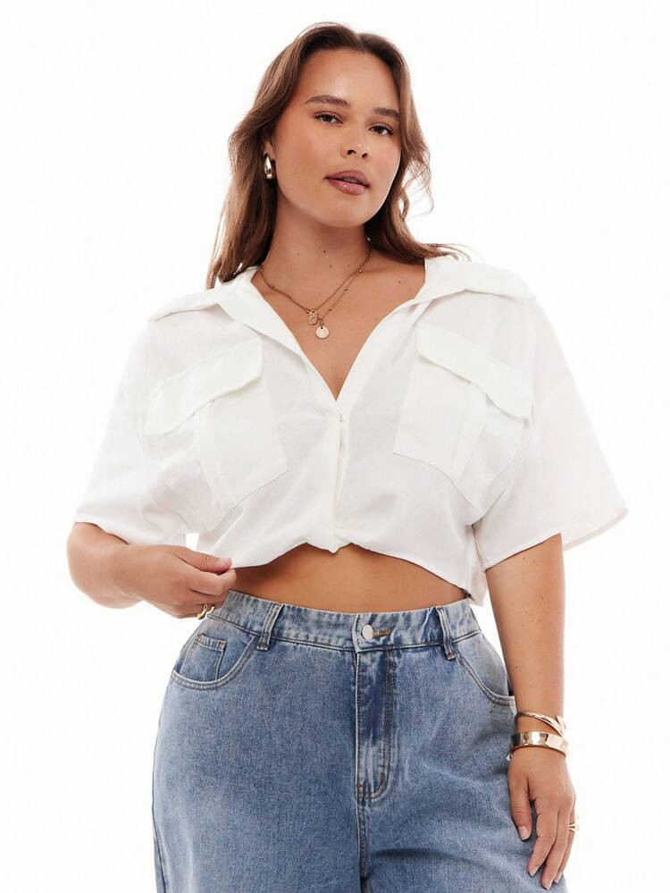 SHEIN EZwear Plus Size Women's Summer Casual Linen Blend Collared Shirt, White, Loose Fit, Front ... | SHEIN