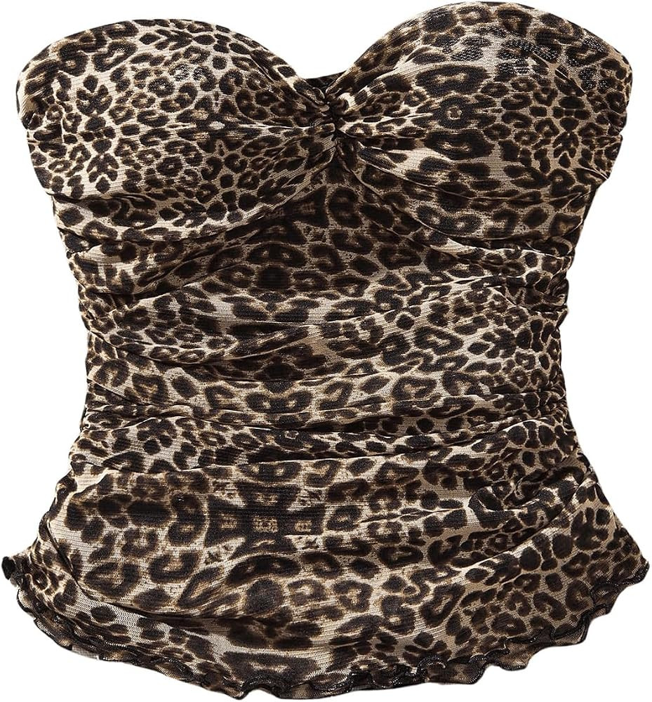 SHENHE Women's Leopard Print Mesh Tube Twist Front Strapless Ruched Sexy Y2k Tube Tops | Amazon (US)