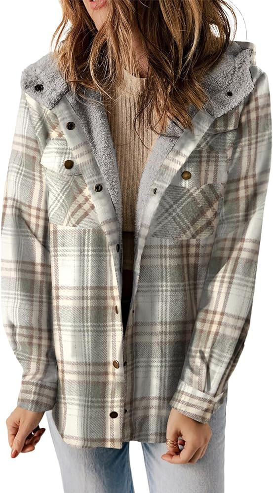Dokotoo Womens Plaid Shacket Jacket Long Sleeve Button Down Fleece Hooded Jackets Warm Coat | Amazon (US)