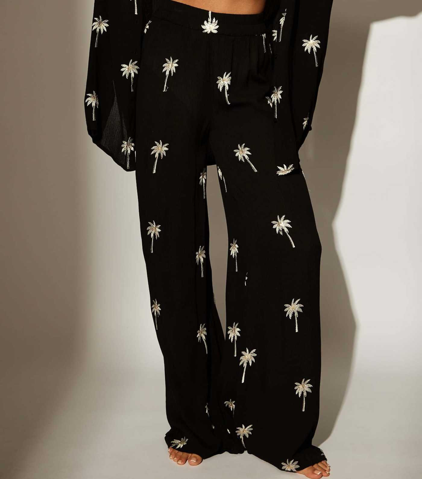 South Beach Black Palm Embroidered Wide Leg Trousers | New Look | New Look (UK)