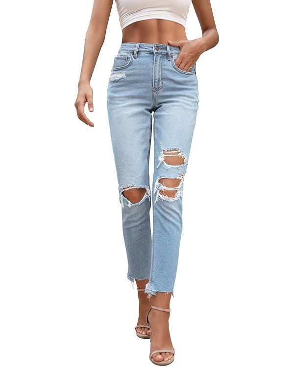 OFLUCK Women Ripped High Waisted Jeans Frayed Raw Hem Regular Fit Boyfriend Distressed Denim Pant... | Amazon (US)