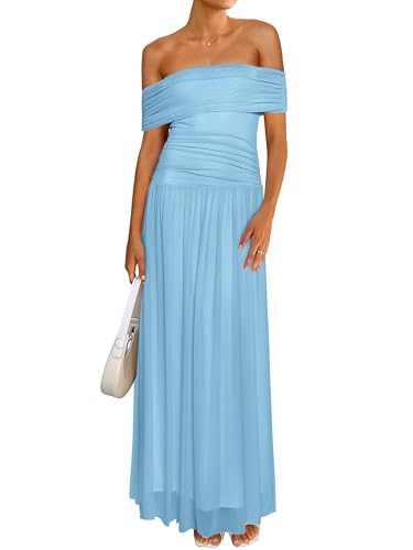 Amazon.com: MASCOMODA Women Off The Shoulder Mesh Maxi Dress Bodycon Ruched Formal Sleeveless Ple... | Amazon (US)