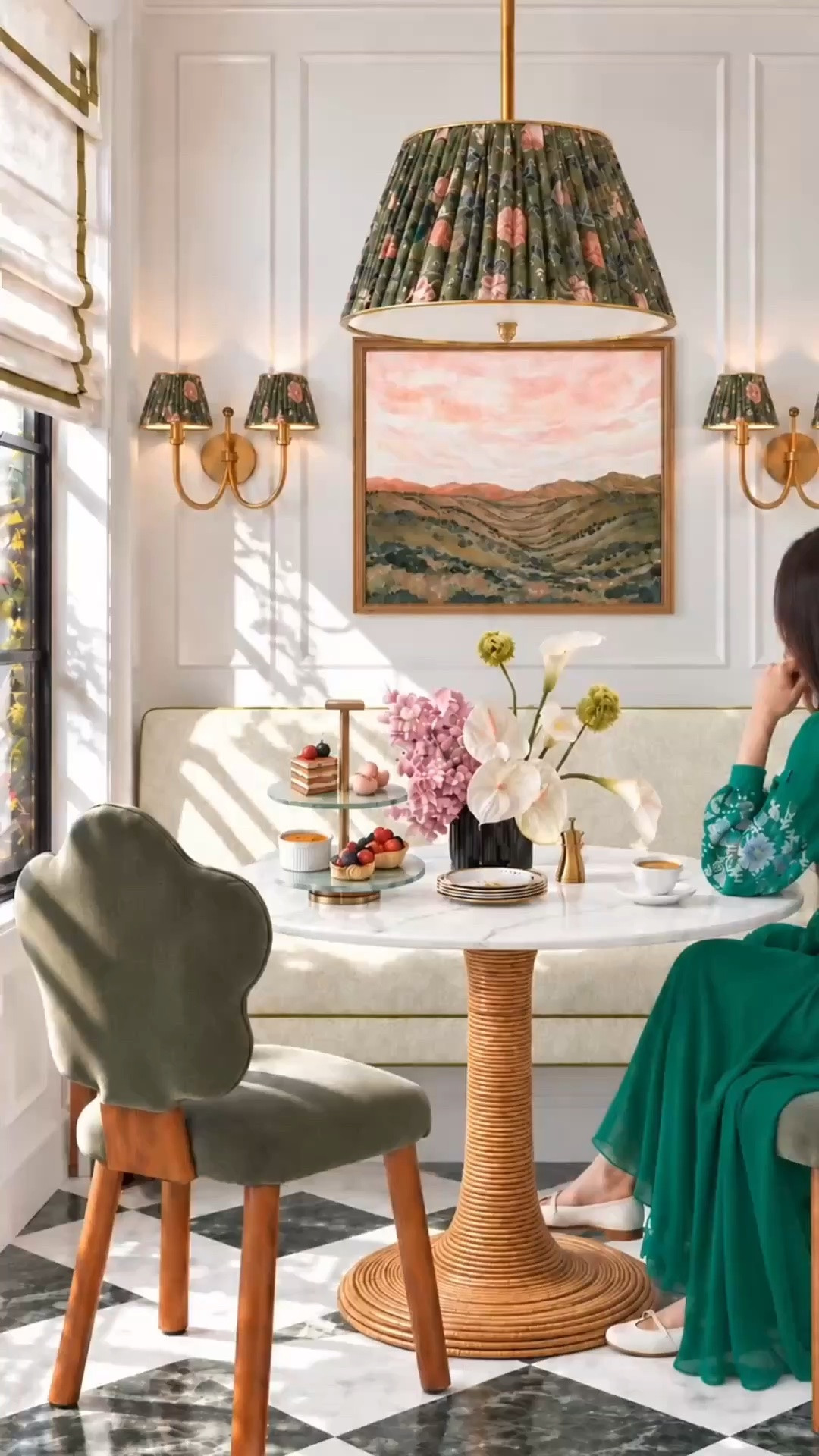 Happy Friday! ☕️🌿 A slow morning, a fresh cup of coffee, and a charming Parisian-inspired kitchen nook—what a lovely way to welcome the weekend!

I love how the marble-top table with its sculptural coiled rattan base brings effortless elegance, while cloud-shaped velvet dining chairs, a cozy upholstered bench, and romantic floral lighting create a warm, inviting atmosphere.

Fresh flowers, sweet treats, and soft morning sunlight make this the perfect spot to linger over coffee and enjoy a quiet Friday morning. ✨💕

Shop the look on my LTK!

#LTKHome #LTKdayinmylife #LTKStyleTip #HappyFriday #FridayMood #ParisianInspired #BreakfastNook #KitchenNook #MorningCoffee #CoffeeMoment #MarbleTable #RattanFurniture #DiningChair #DiningBench #PendantLighting #WallSconce #FloralDecor #RomanShade #WallArt #FlowerArrangement #CakeStand #EspressoCups #Tablescape #Entertaining #CozyInteriors #ModernChic #InteriorDesign