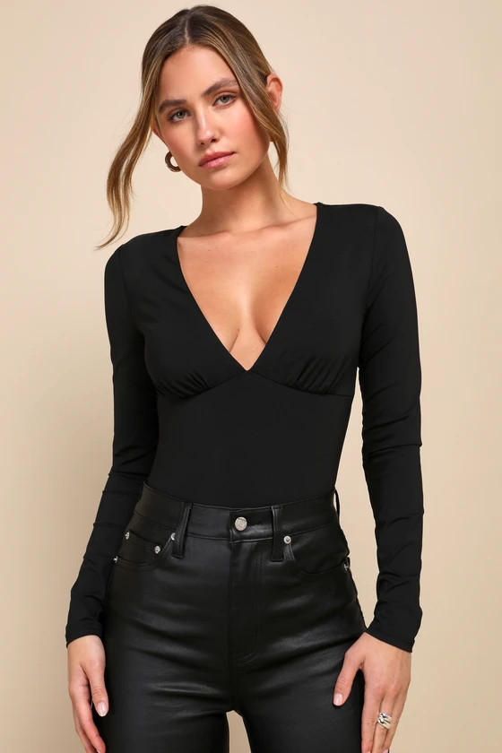 Modern Possibilities Black V-Neck Long Sleeve Bodysuit | Lulus