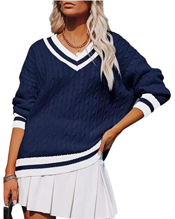 InterNos Women's Casual V Neck Long Sleeve Sweater Trendy Striped Pullover Cable Knit Preppy Swea... | Amazon (US)