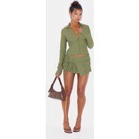 Khaki Woven Frill Detail Cargo Skort | PrettyLittleThing UK