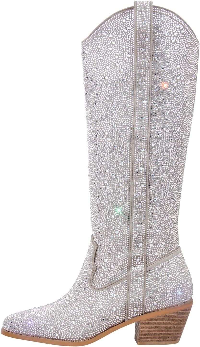 richealnini Sparkle Rhinestone Cowgirl Cowboy Boots for Women Pull On Diamante Heeled Bootes | Amazon (US)