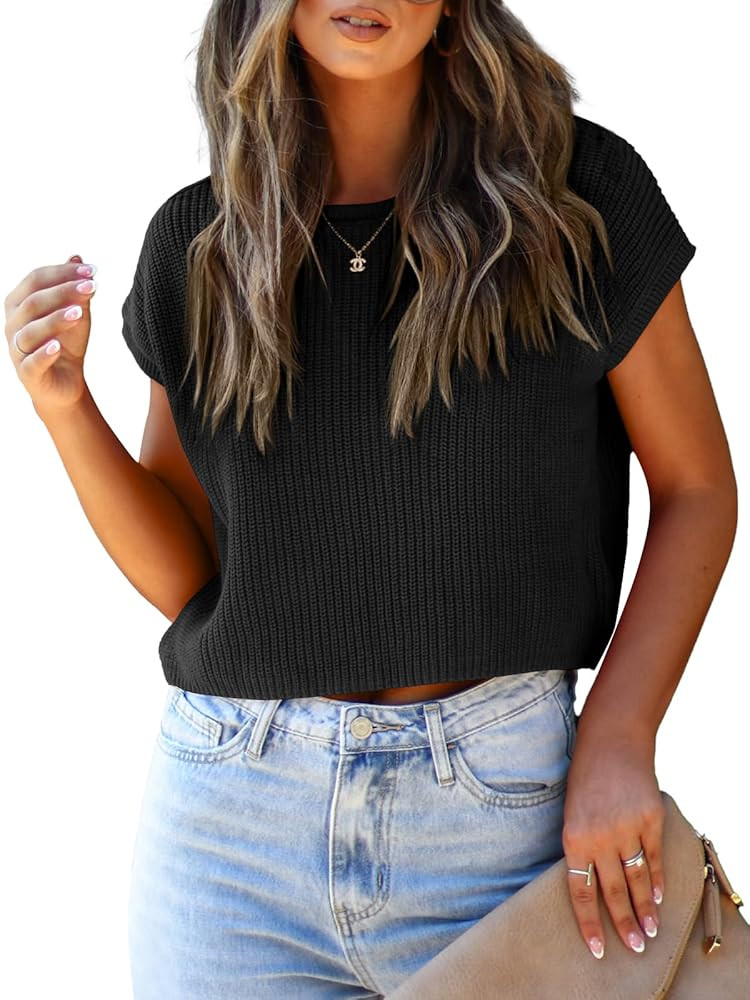 LCXWFE Womens Summer Cropped Sweater Vest Trendy Cap Sleeve Crop Tops Crew Neck Loose Knit Tank T... | Amazon (US)
