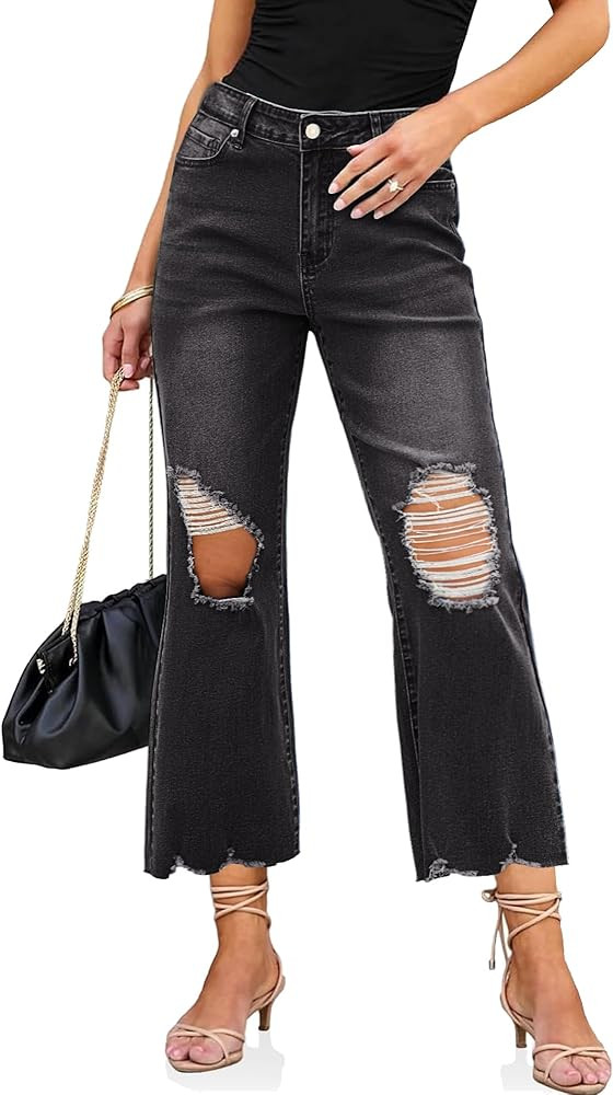 luvamia Wide Leg Jeans for Women Trendy High Waisted Flare Ripped Cropped Jeans Stretchy Distress... | Amazon (US)