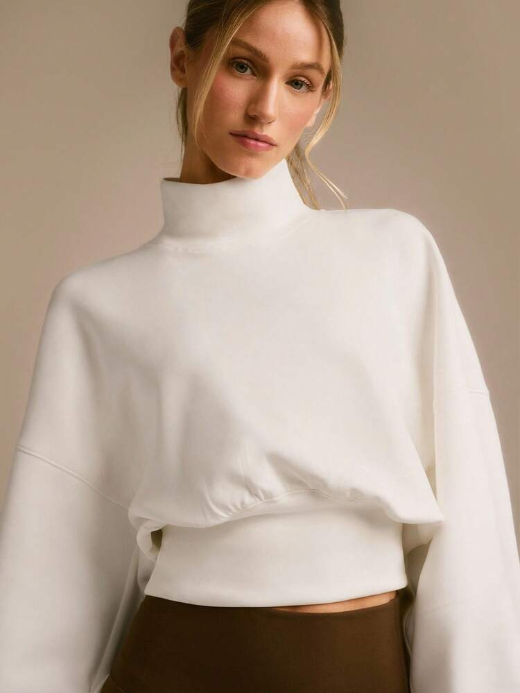 GLOWMODE Modal Soft Warm Curved Bubble Hem Waist Length Oversized Ribbed Cuffs High Neck Pullover Sweatshirt Daily | SHEIN