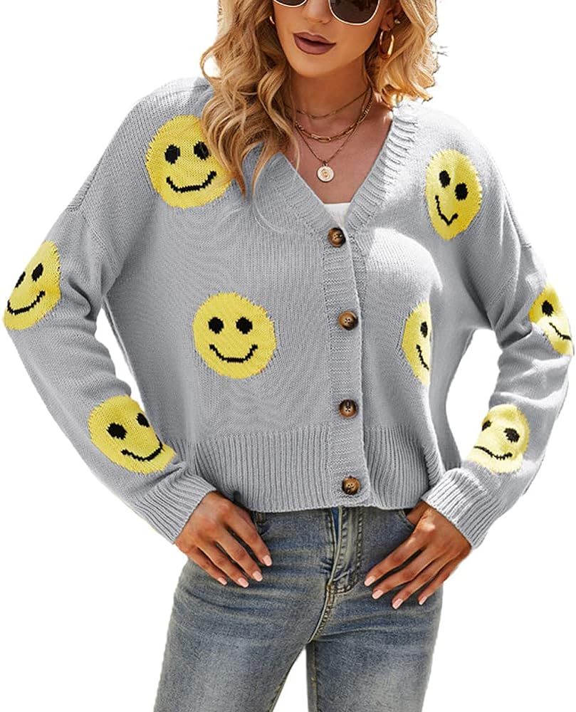 chouyatou Women's Loose-Fit Smile Face Jacquard Knitted Cardigan Sweater Jacket | Amazon (US)