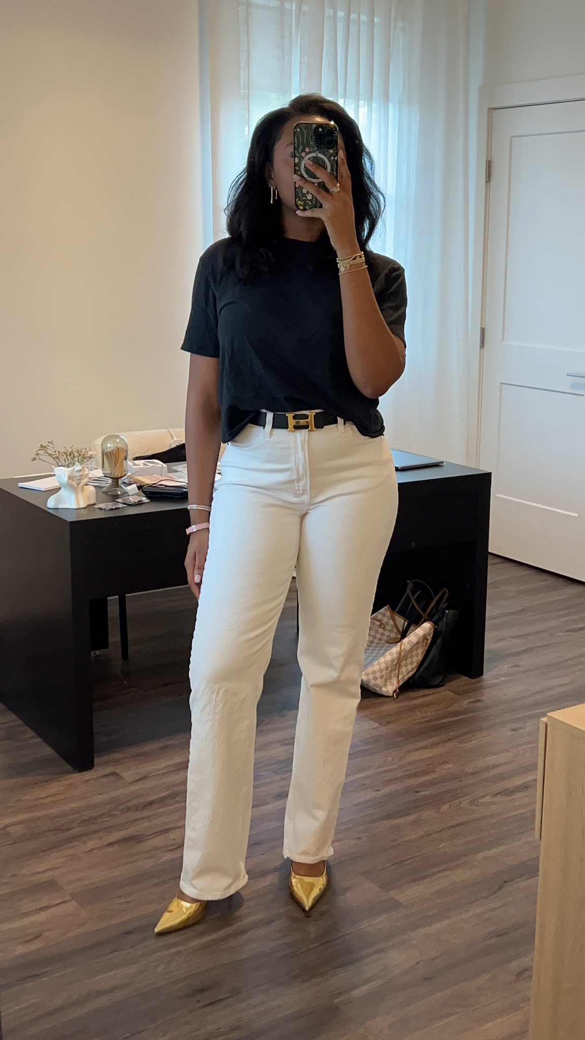 clean classy corporate outfit: black tee + white jeans + gold heels + gold jewelry

#LTKWorkwear #LTKShoeCrush #LTKSeasonal