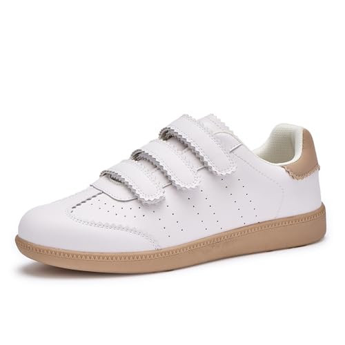 Teyiwow Sneakers for Women Lightweight Tennis Shoes Fashion Vegan Leather Hook & Loop Sneakers Non-Slip Walking Shoes(9,White-Hook & Loop) | Amazon (US)