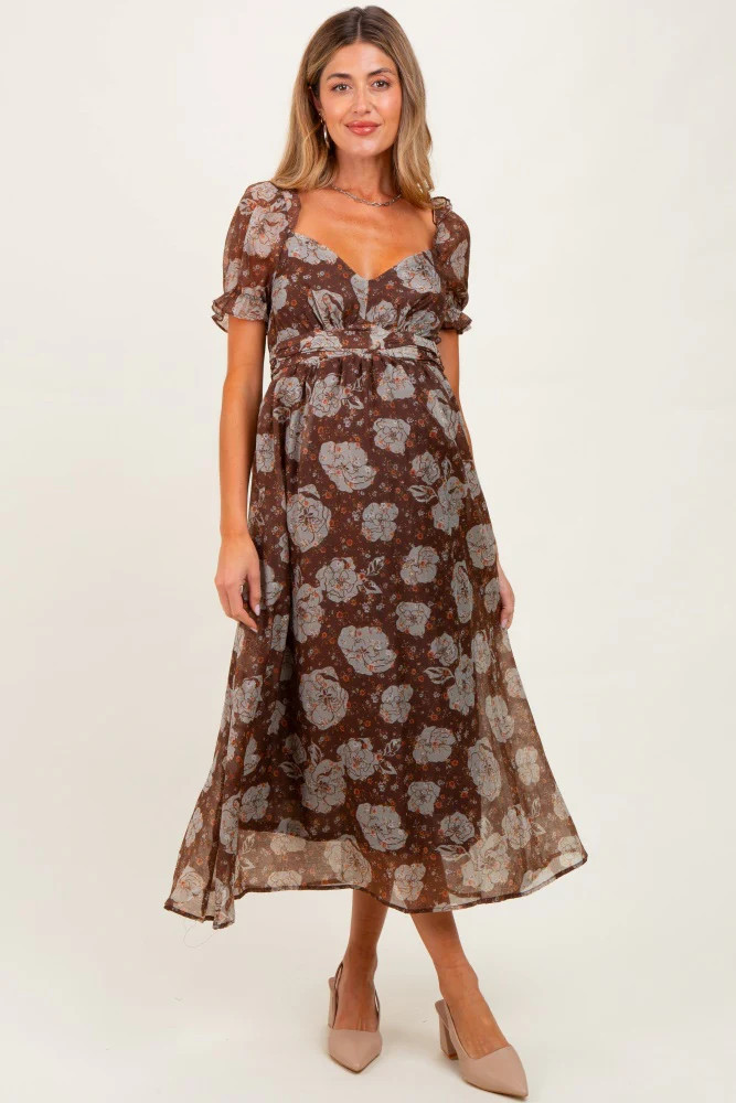 Brown Floral Chiffon Sweetheart Neckline Maternity Midi Dress | PinkBlush Maternity