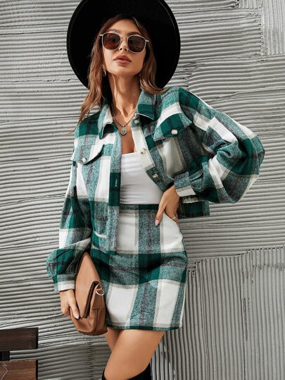 Plaid Drop Shoulder Wool-Mix Jacket & Skirt | SHEIN