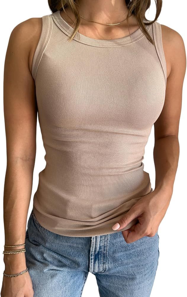 Womens Tank Tops Sleeveless Racerback Casual Basic Ribbed Shirt | Amazon (US)