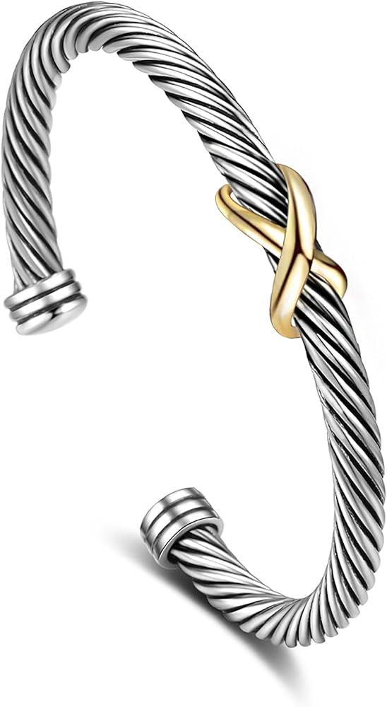 Cuff Bracelet for Women Cable Wire Bracelet - Stainless Steel Two Tone Twisted Bangle - Silver Cu... | Amazon (US)