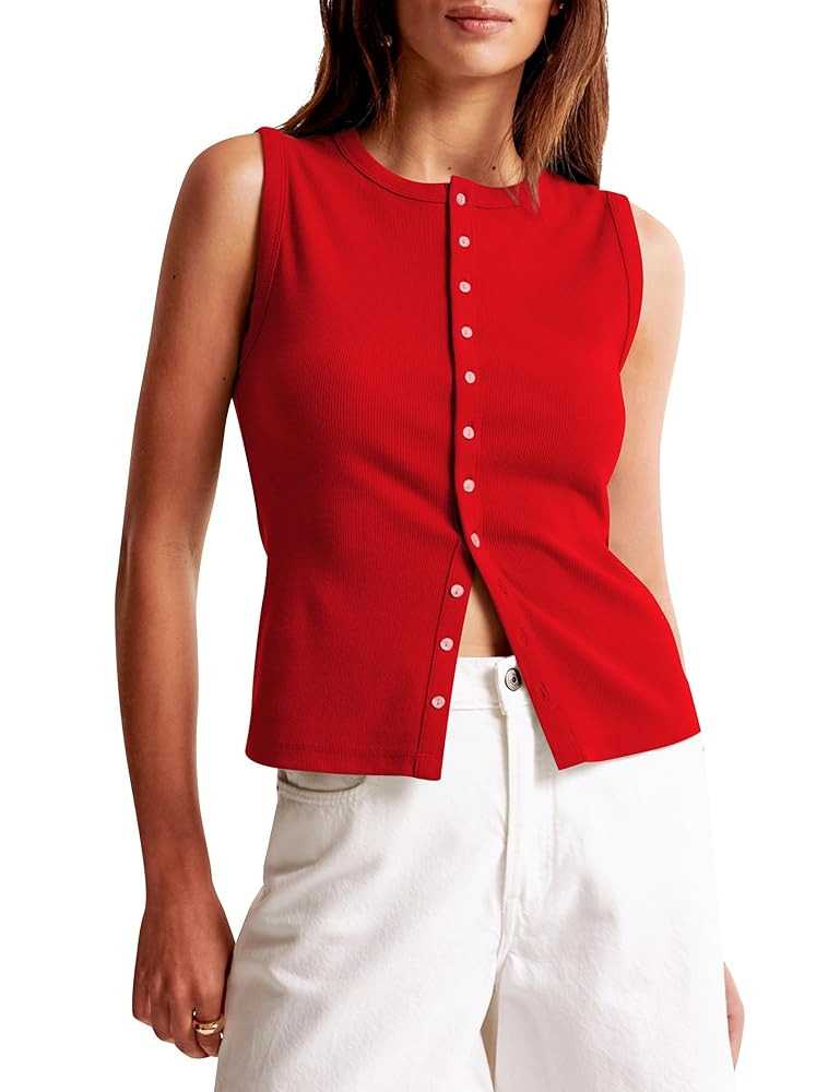 Women Crewneck Sleeveless Button Up Tank Shirts Slim Fit Ribbed Knit Vest Tops Office Siren Going... | Amazon (US)