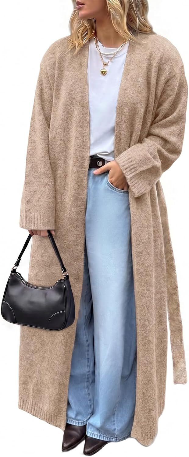 Tankaneo Womens Long Cardigan Sweater Oversized Open Front Coat with Belted | Amazon (US)